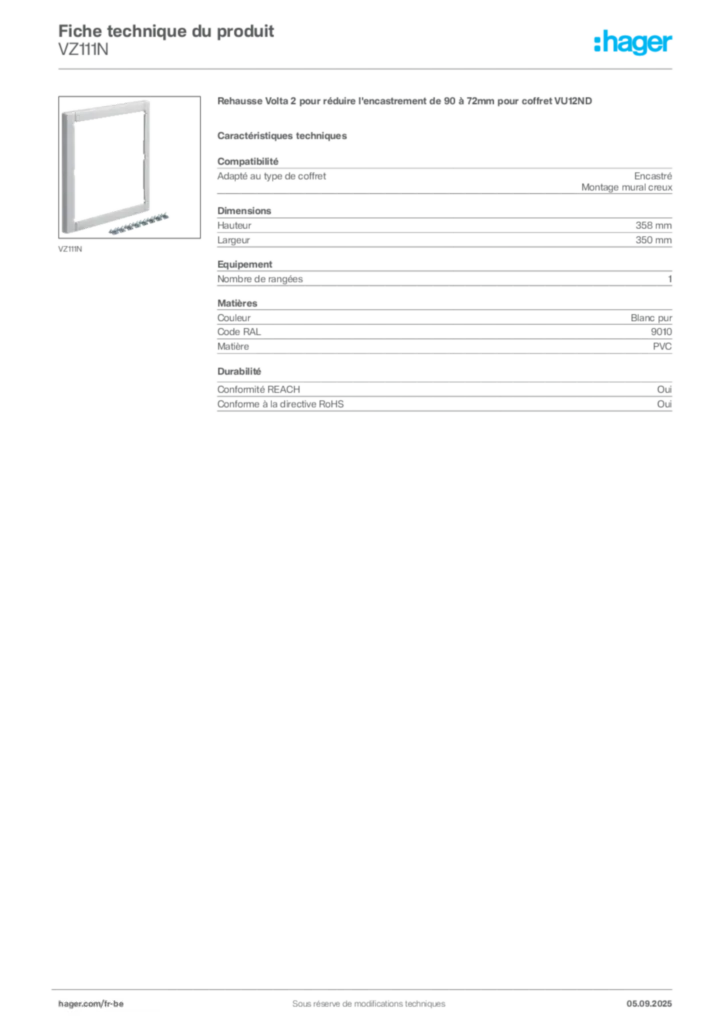 Image Hager Fiche technique du produit VZ111N | Hager Belgique