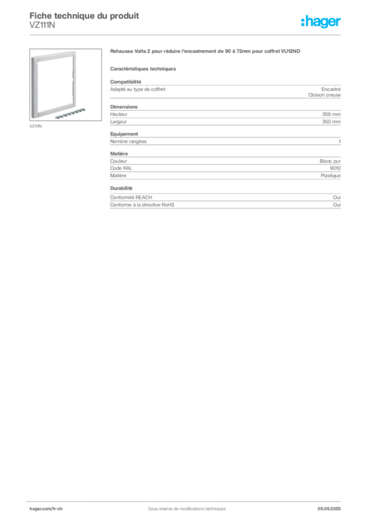 Image Hager Fiche technique du produit VZ111N | Hager Suisse