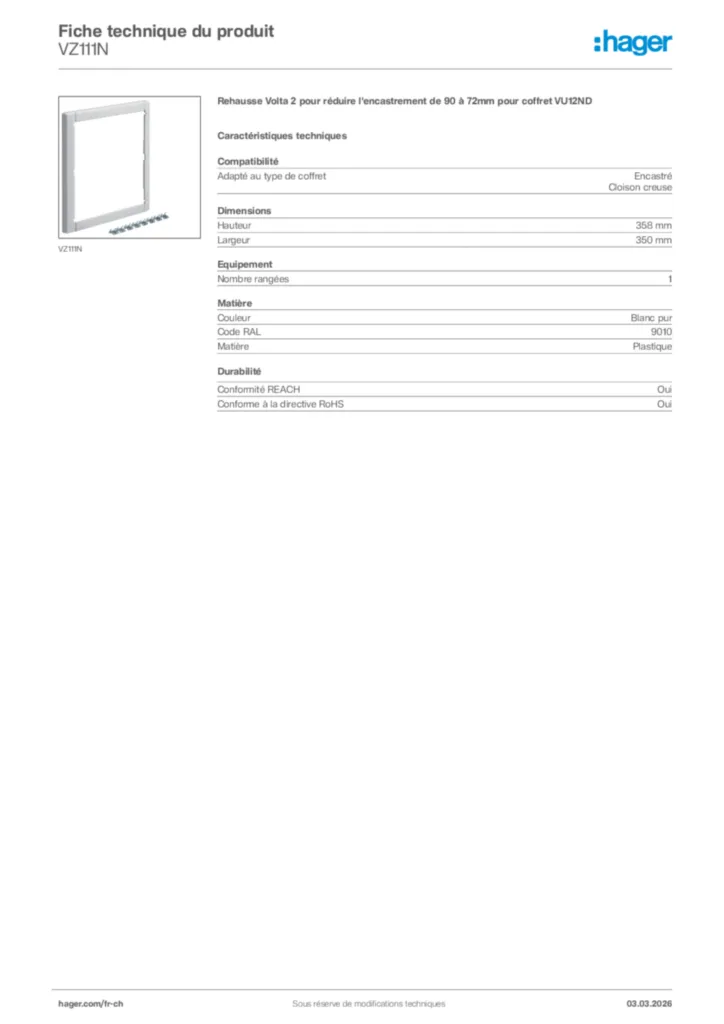 Image Hager Fiche technique du produit VZ111N | Hager Suisse