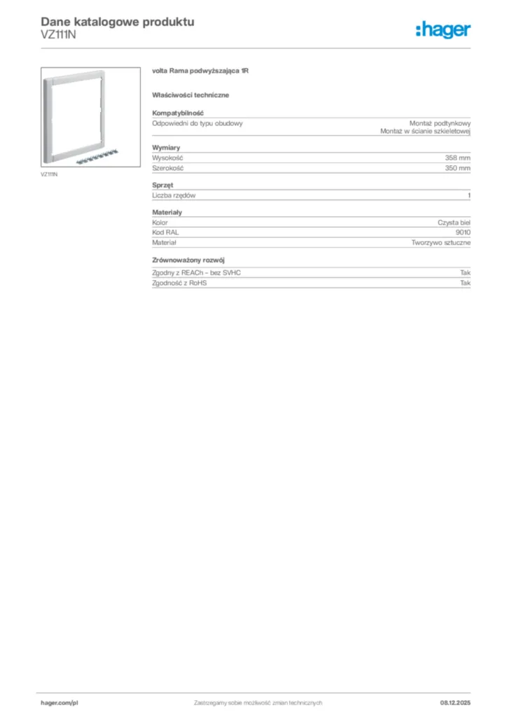 Zdjęcie Hager Karta katalogowa VZ111N | Hager Polska
