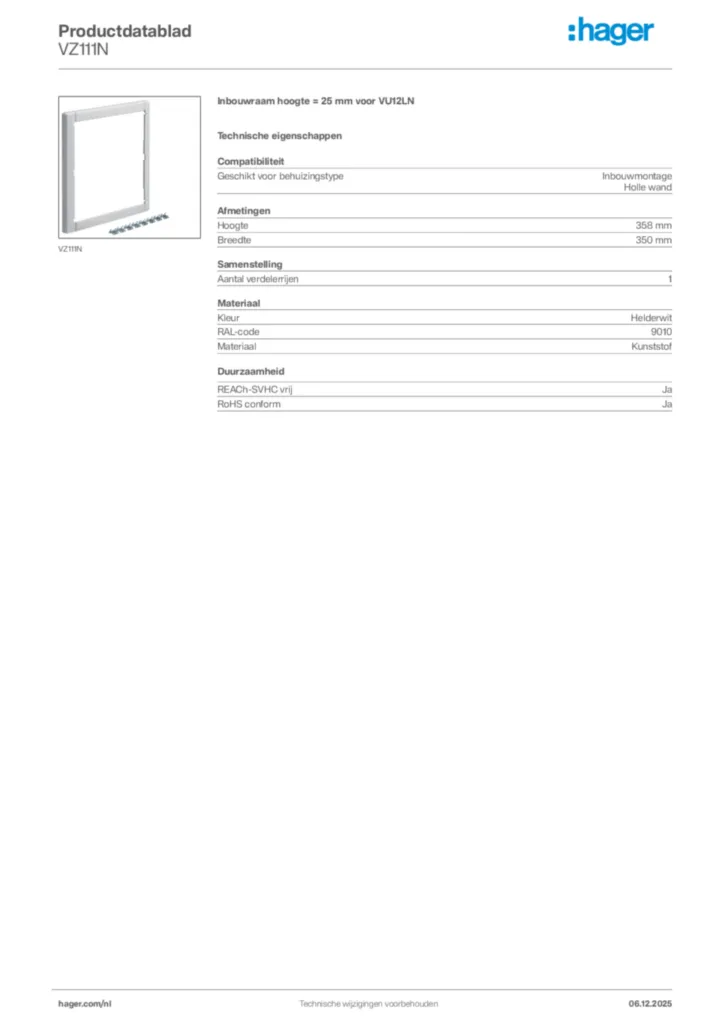 Afbeelding Hager Productdatablad VZ111N | Hager Nederland
