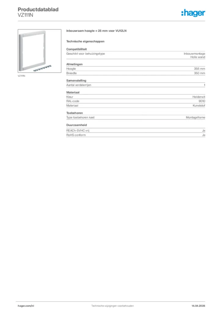 Afbeelding Hager Productdatablad VZ111N | Hager Nederland