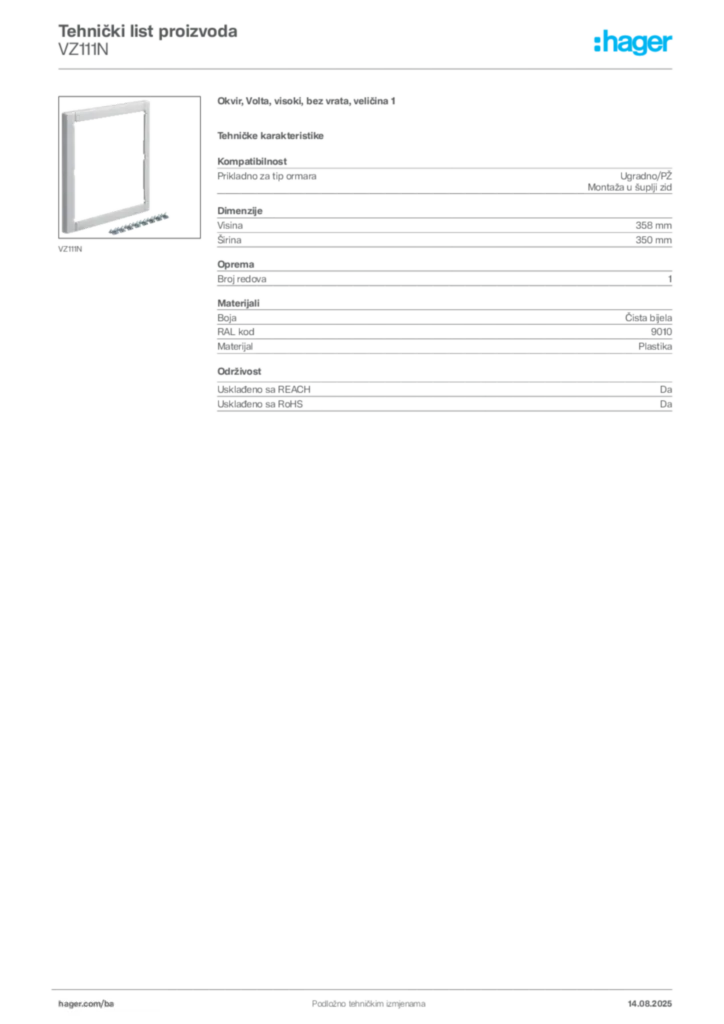 Slika Hager Product data sheet VZ111N  | Hager