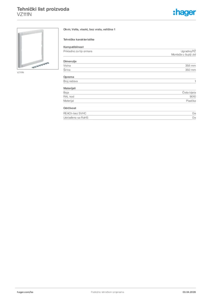 Slika Hager Tehnički list proizvoda VZ111N  | Hager