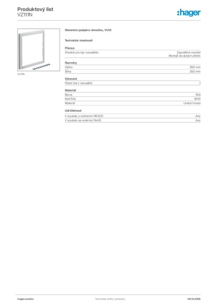 Obrázek Hager Product data sheet VZ111N | Hager