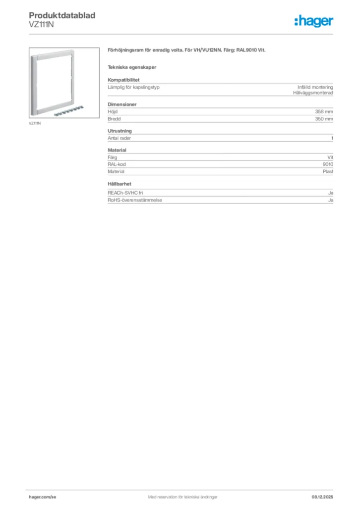 Bild Hager Produktdatablad VZ111N | Hager Sverige