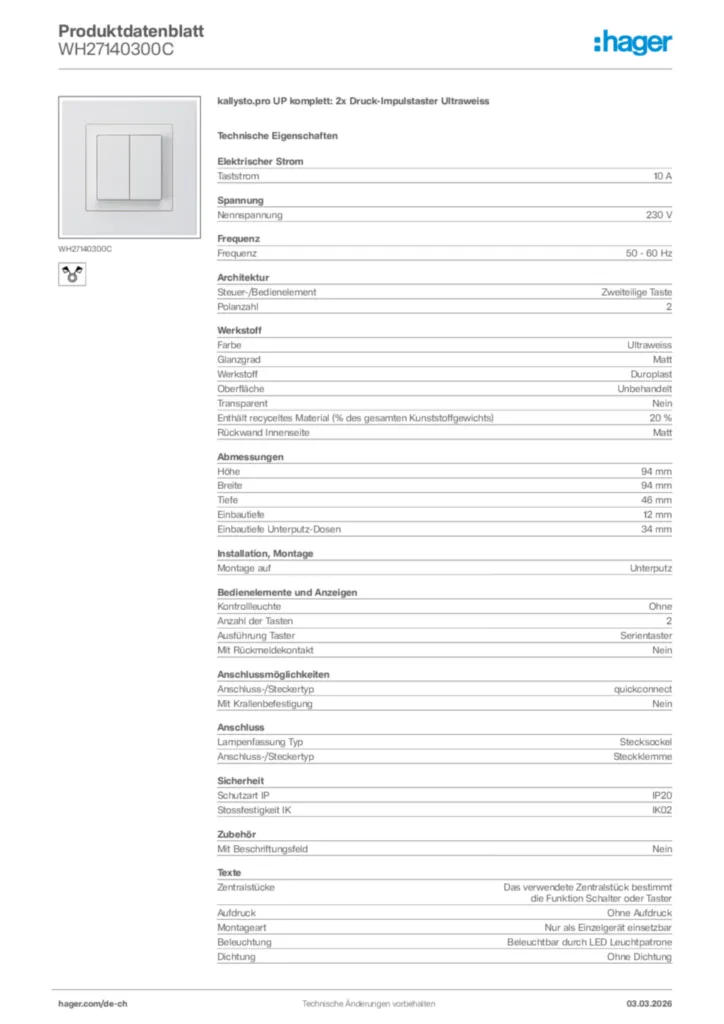 Bild Hager Produktdatenblatt WH27140300C | Hager Schweiz