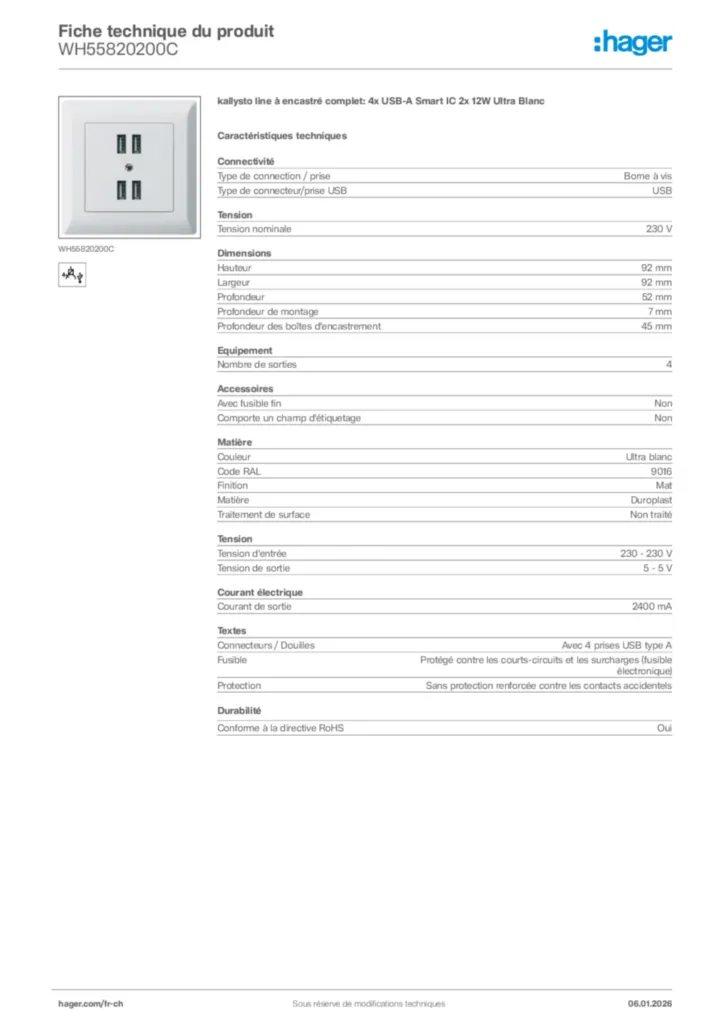 Image Hager Fiche technique du produit WH55820200C | Hager Suisse