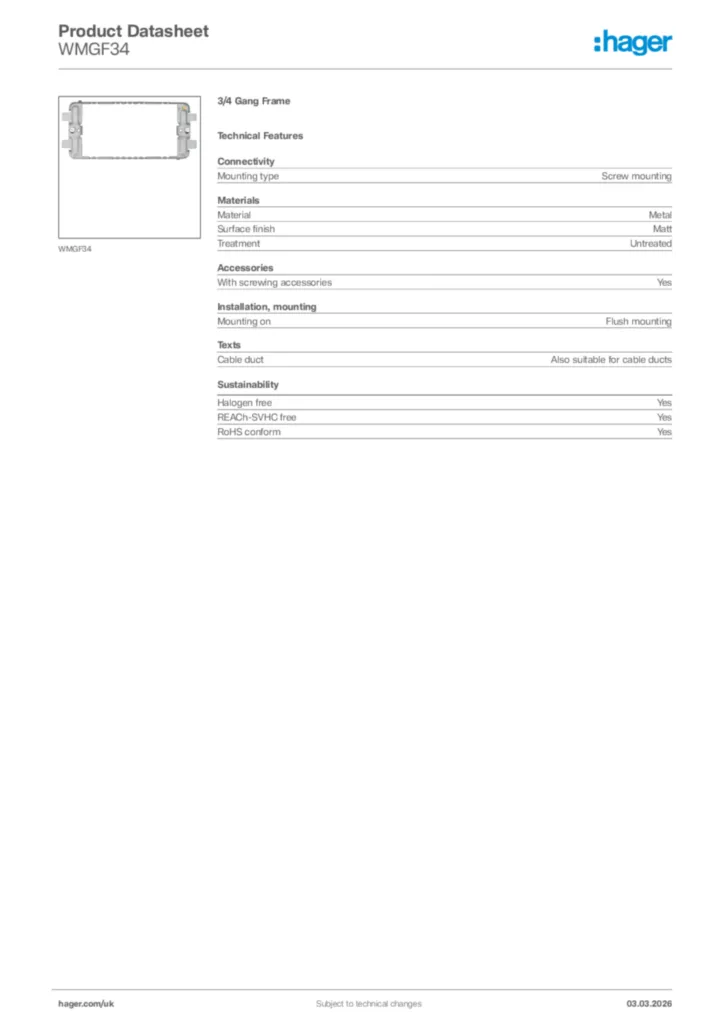 Image Hager Product data sheet WMGF34  | Hager