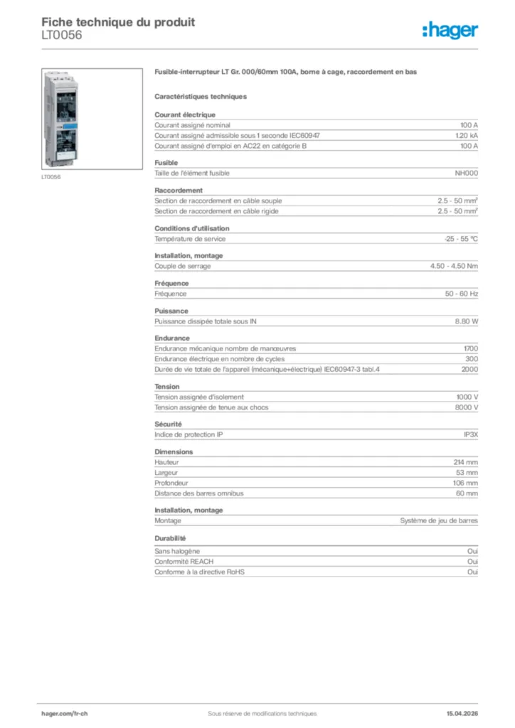 Image Hager Fiche technique du produit LT0056 | Hager Suisse