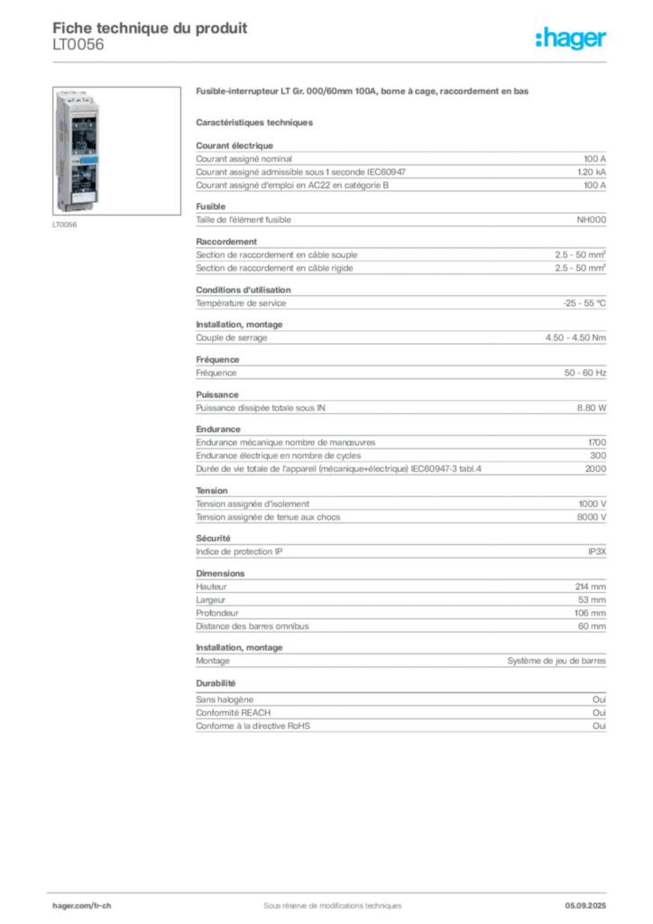 Image Hager Fiche technique du produit LT0056 | Hager Suisse