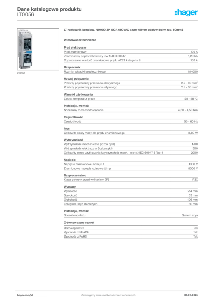 Zdjęcie Hager Dane katalogowe produktu LT0056 | Hager Polska