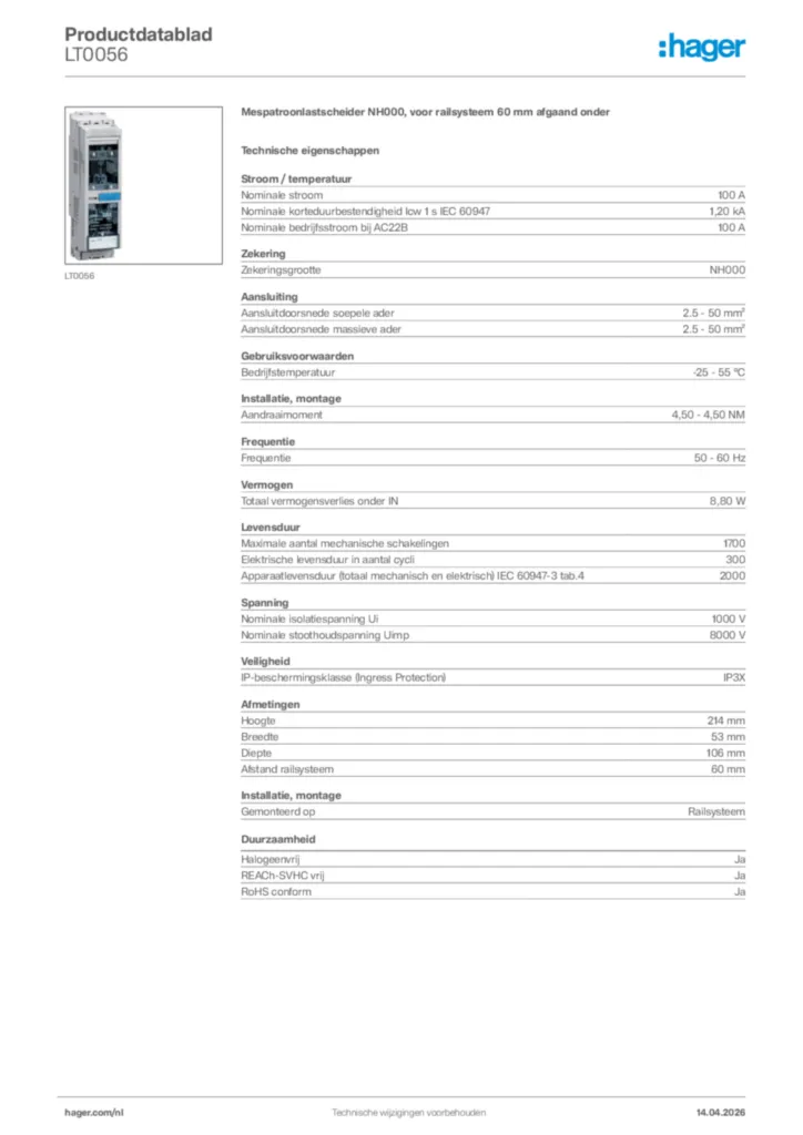 Afbeelding Hager Productdatablad LT0056 | Hager Nederland