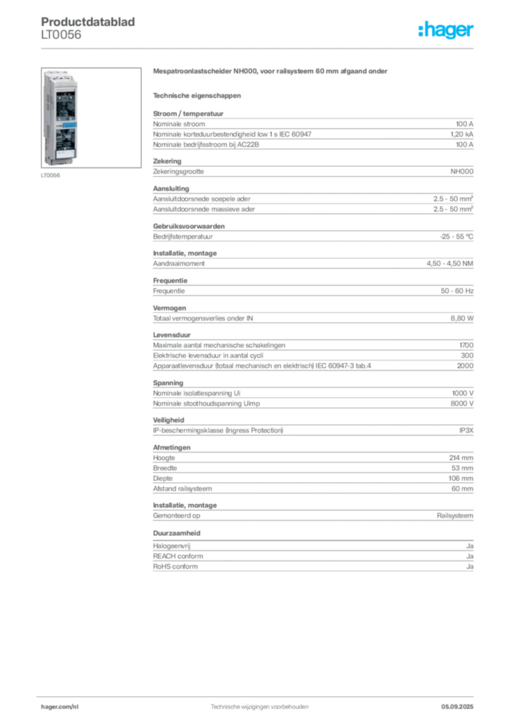 Afbeelding Hager Productdatablad LT0056 | Hager Nederland