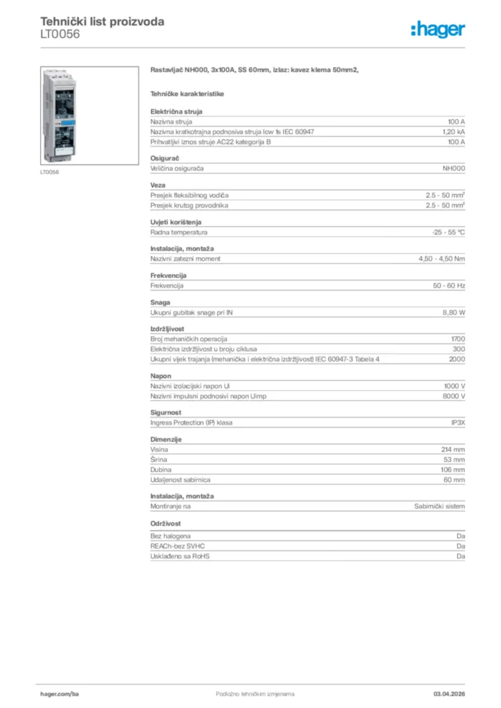Slika Hager Tehnički list proizvoda LT0056  | Hager