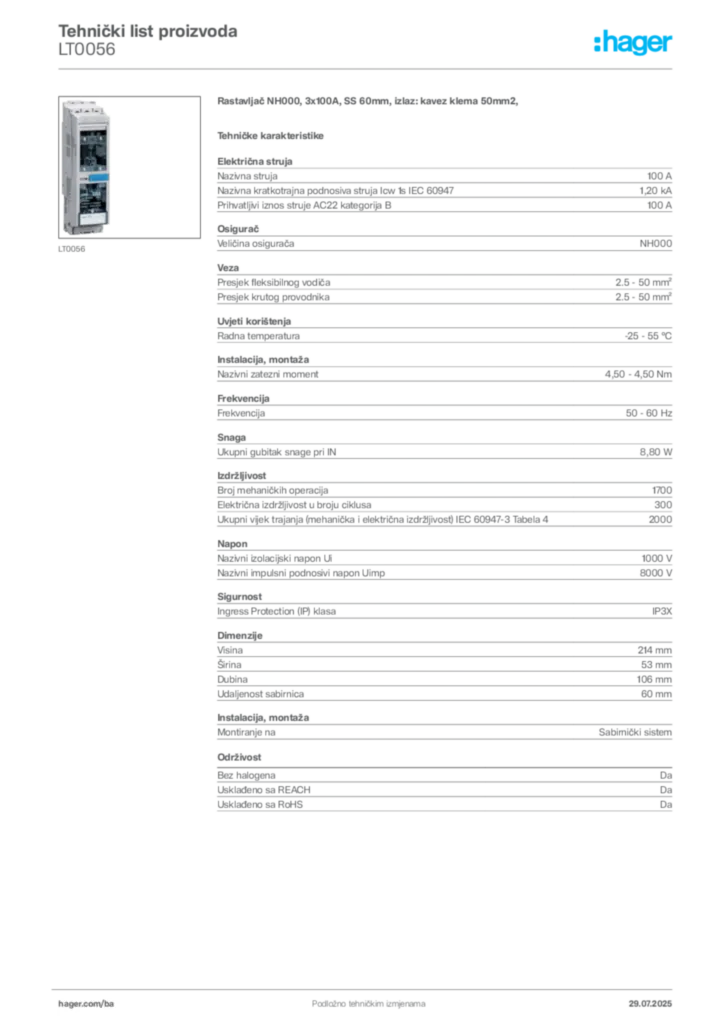 Slika Hager Product data sheet LT0056  | Hager
