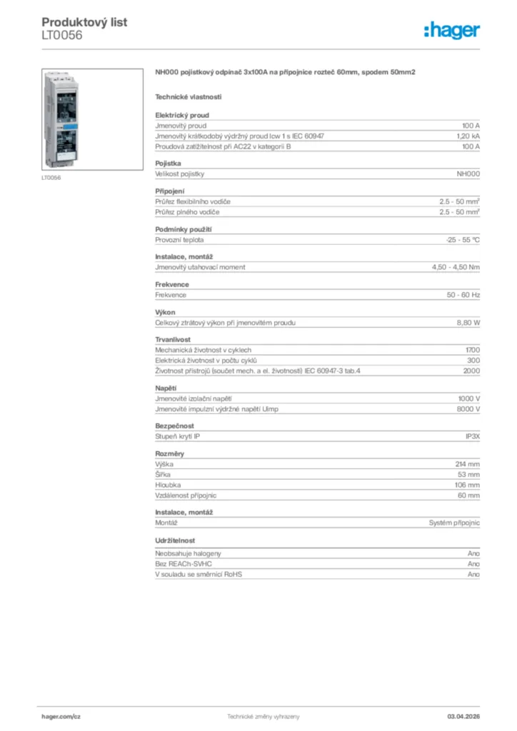 Obrázek Hager Product data sheet LT0056 | Hager