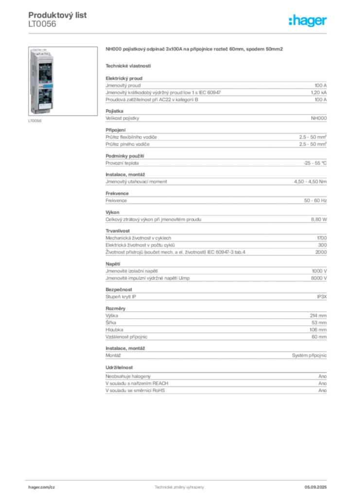 Obrázek Hager Produktový list LT0056 | Hager
