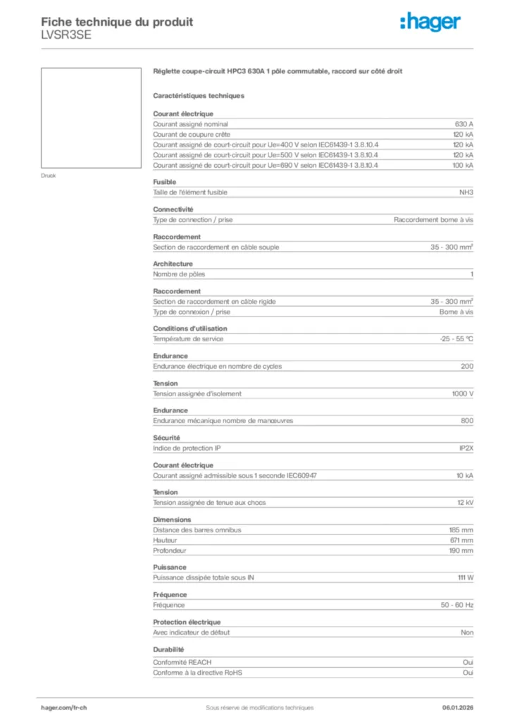 Image Hager Fiche technique du produit LVSR3SE | Hager Suisse