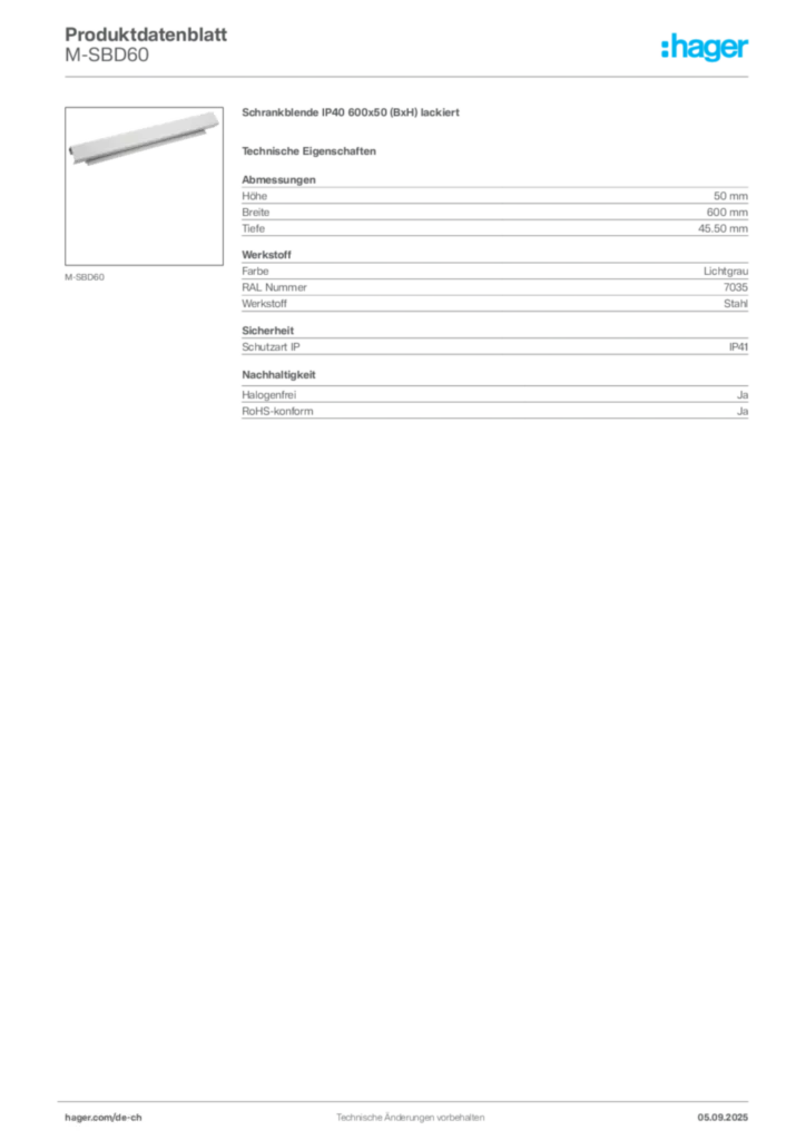 Bild Hager Produktdatenblatt M-SBD60 | Hager Schweiz