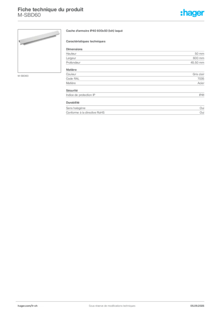Image Hager Fiche technique du produit M-SBD60 | Hager Suisse