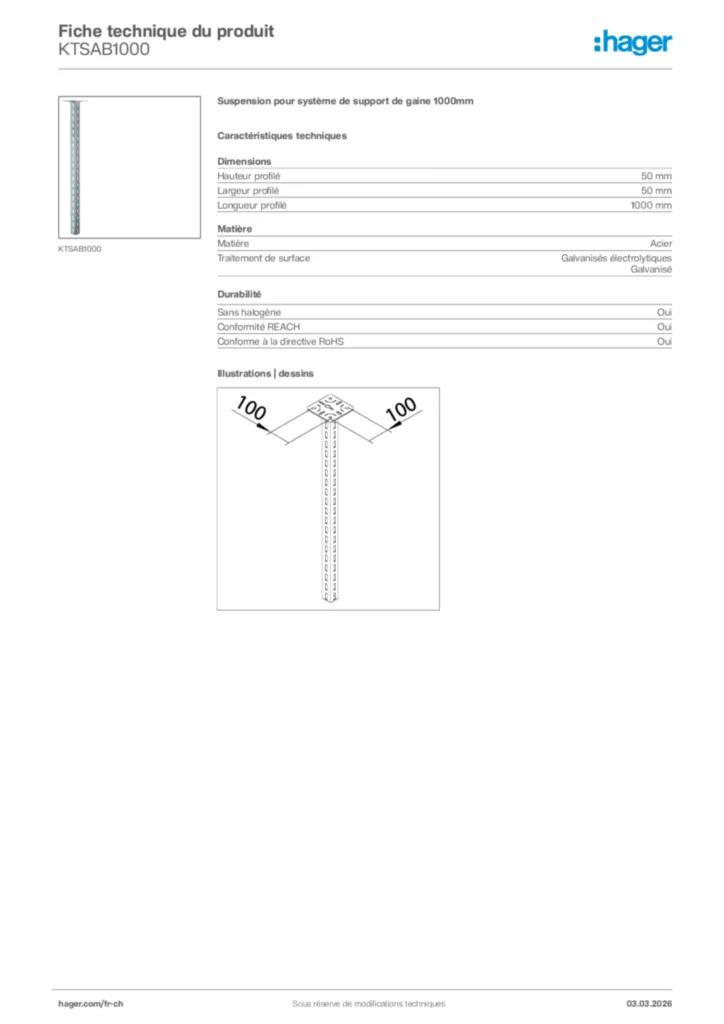 Image Hager Fiche technique du produit KTSAB1000 | Hager Suisse