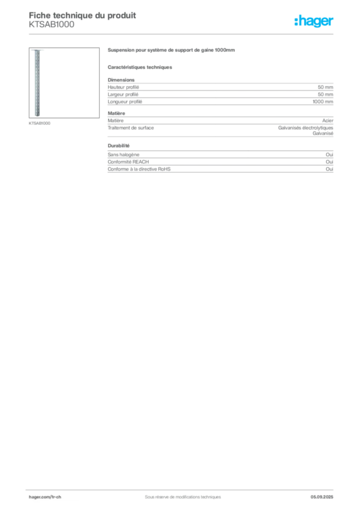 Image Hager Fiche technique du produit KTSAB1000 | Hager Suisse