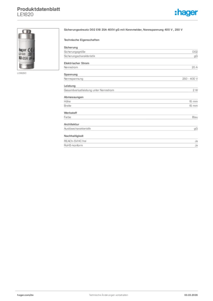 Bild Hager Produktdatenblatt LE1820 | Hager Deutschland