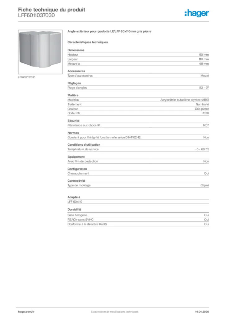 Image Hager Fiche technique du produit LFF6011037030 | Hager France