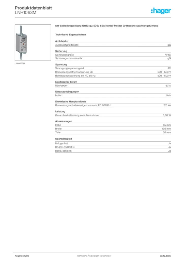 Bild Hager Produktdatenblatt LNH1063M | Hager Deutschland