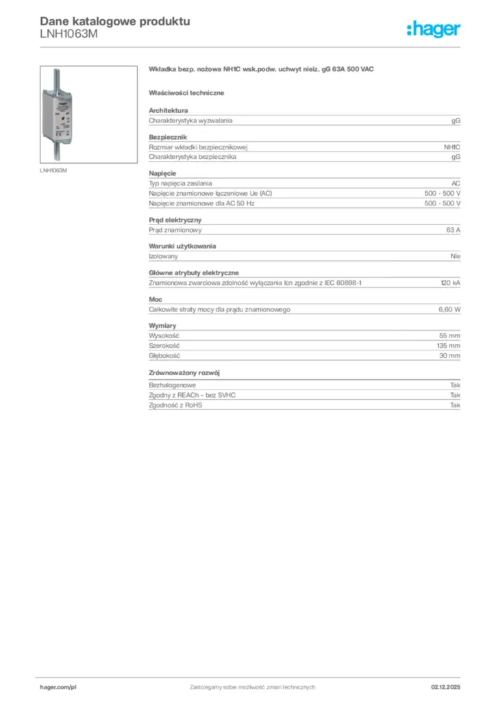 Zdjęcie Hager Dane katalogowe produktu LNH1063M | Hager Polska