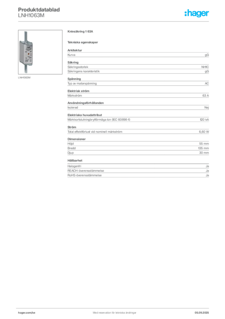 Bild Hager Produktdatablad LNH1063M | Hager Sverige