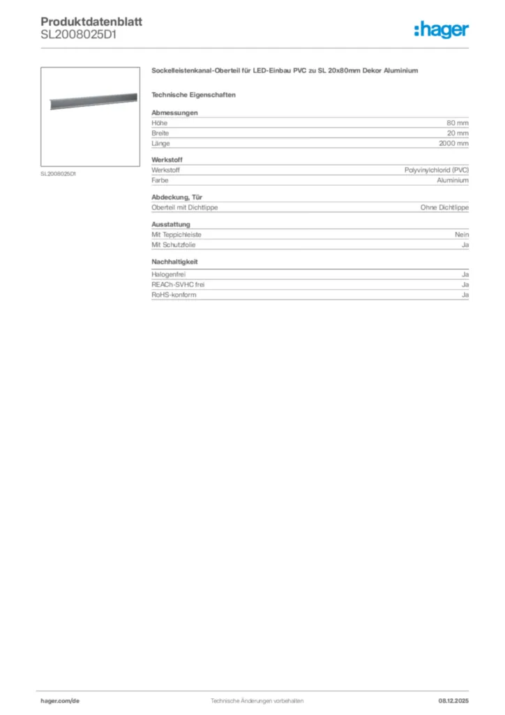 Bild Hager Produktdatenblatt SL2008025D1 | Hager Deutschland