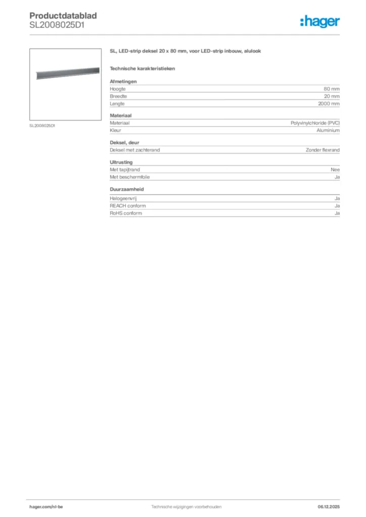 Afbeelding Hager Productdatablad SL2008025D1 | Hager Belgium