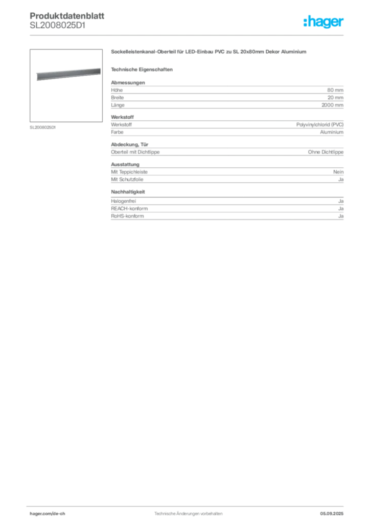 Bild Hager Produktdatenblatt SL2008025D1 | Hager Schweiz