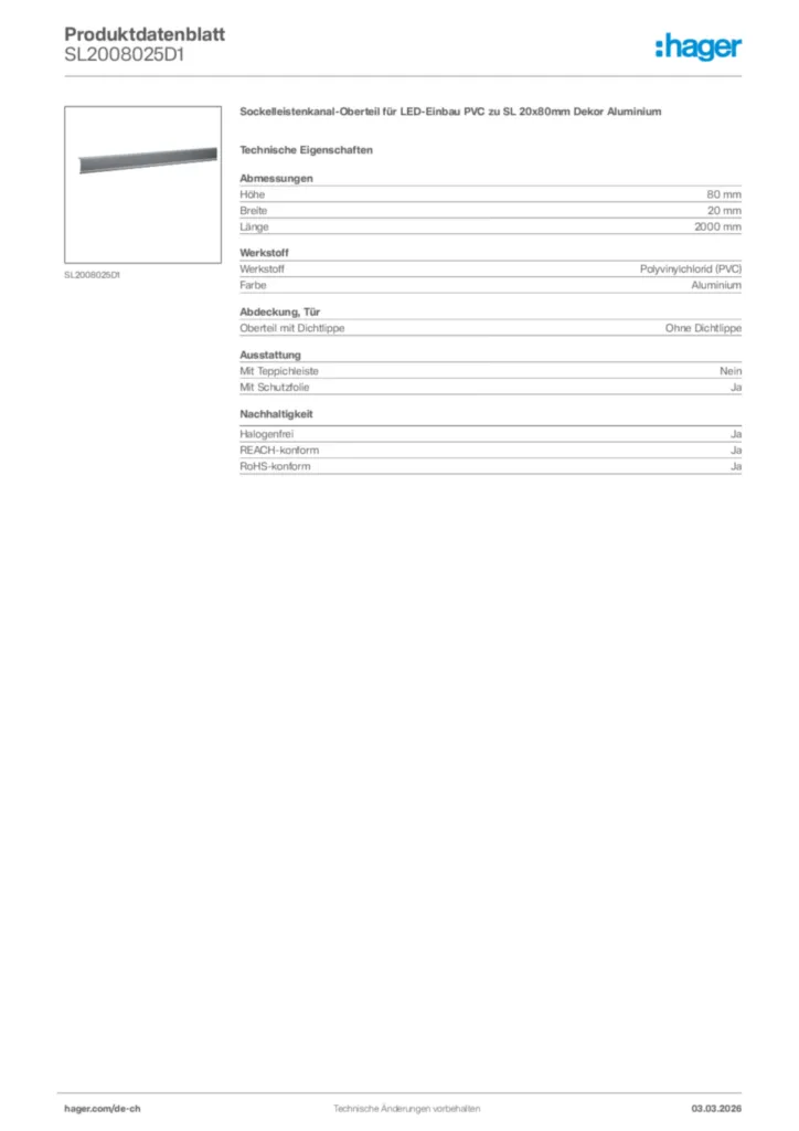 Bild Hager Produktdatenblatt SL2008025D1 | Hager Schweiz