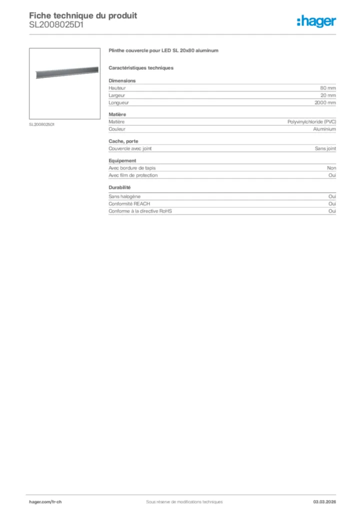 Image Hager Fiche technique du produit SL2008025D1 | Hager Suisse