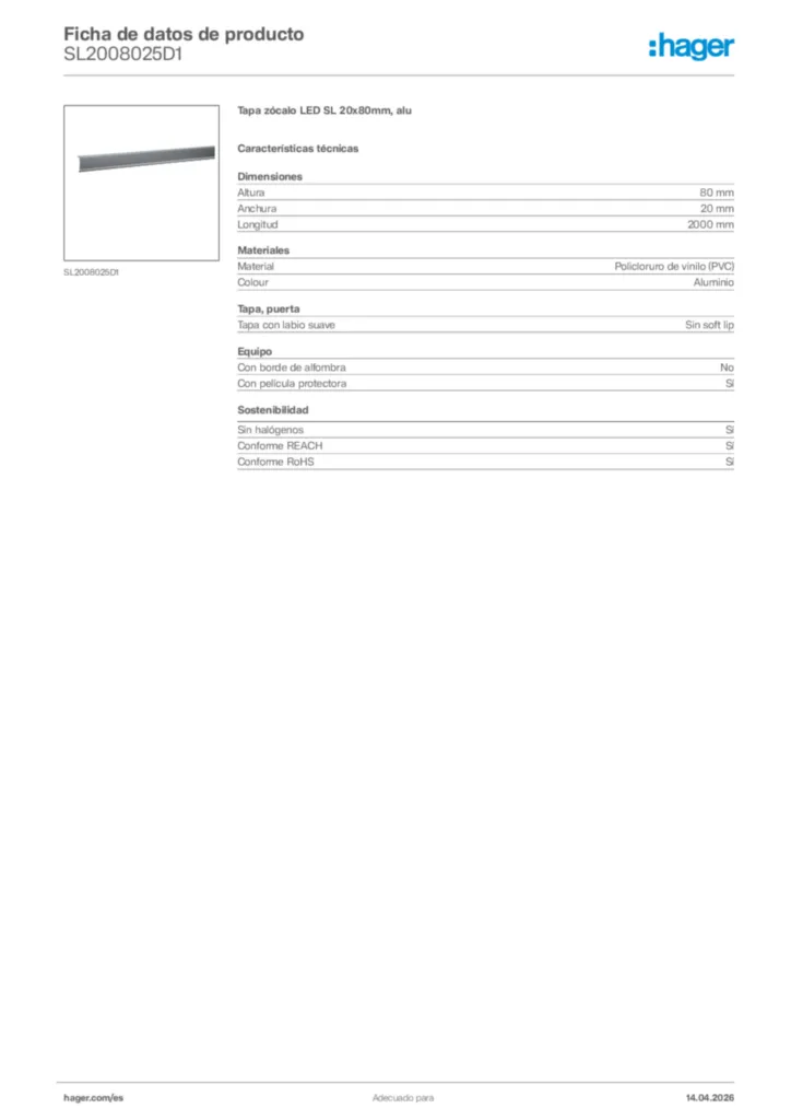 Imagen Hager Ficha de datos de producto SL2008025D1 | Hager España