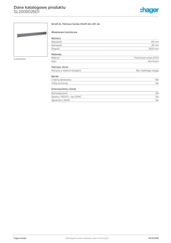 Zdjęcie Hager Karta katalogowa SL2008025D1 | Hager Polska