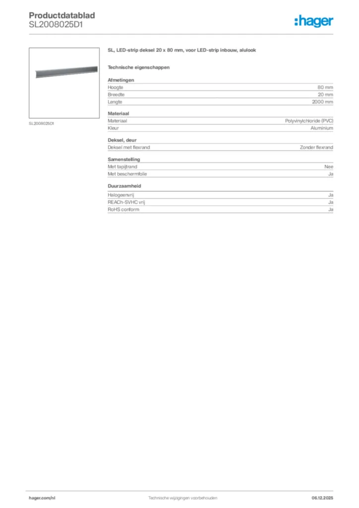 Afbeelding Hager Productdatablad SL2008025D1 | Hager Nederland
