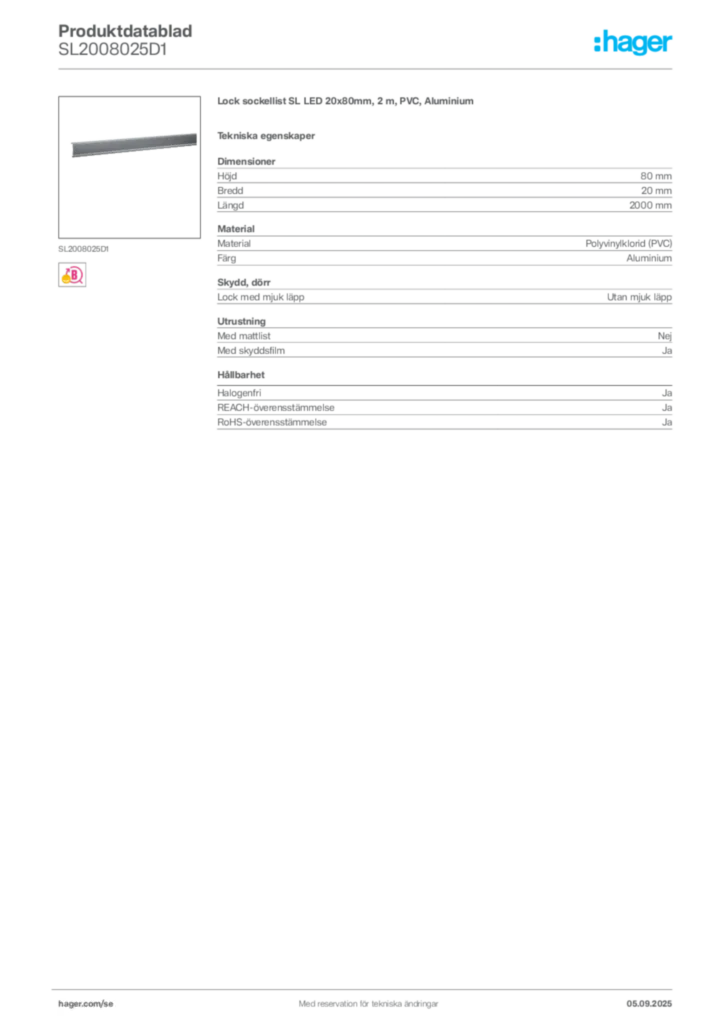 Bild Hager Produktdatablad SL2008025D1 | Hager Sverige