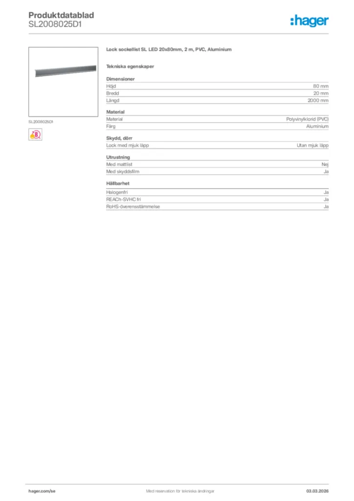 Bild Hager Produktdatablad SL2008025D1 | Hager Sverige