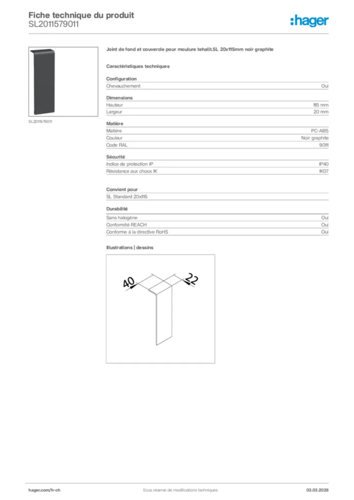 Image Hager Fiche technique du produit SL2011579011 | Hager Suisse