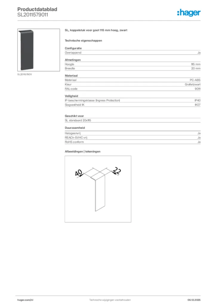 Afbeelding Hager Productdatablad SL2011579011 | Hager Nederland