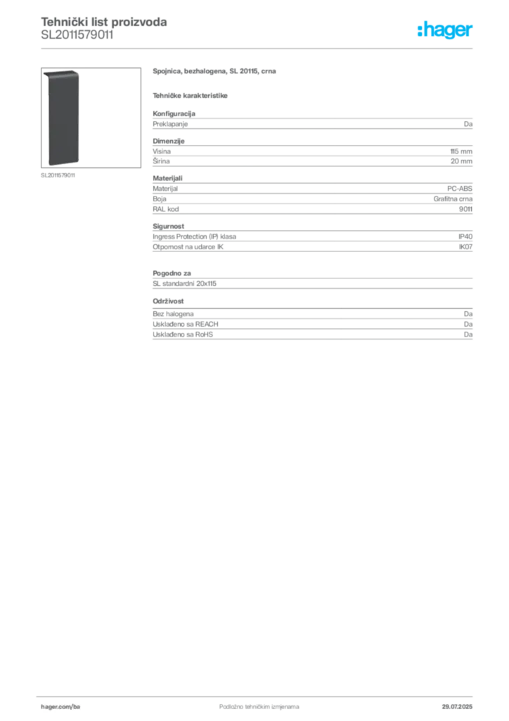 Slika Hager Product data sheet SL2011579011  | Hager