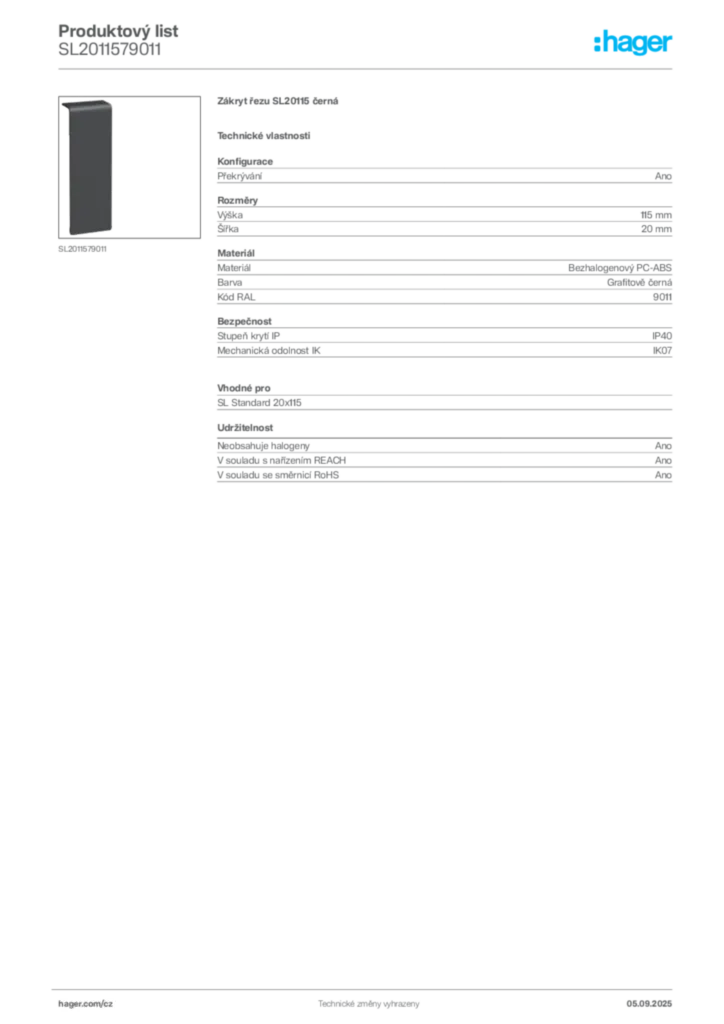 Obrázek Hager Produktový list SL2011579011 | Hager