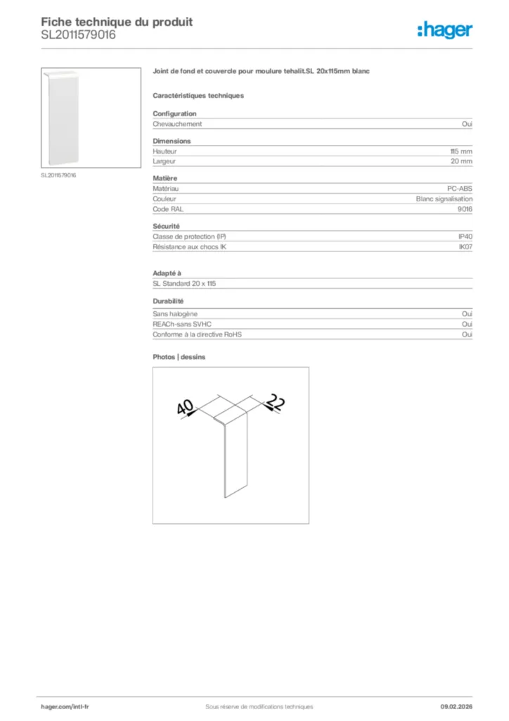 Image Hager Fiche technique du produit SL2011579016 | Hager Afrique