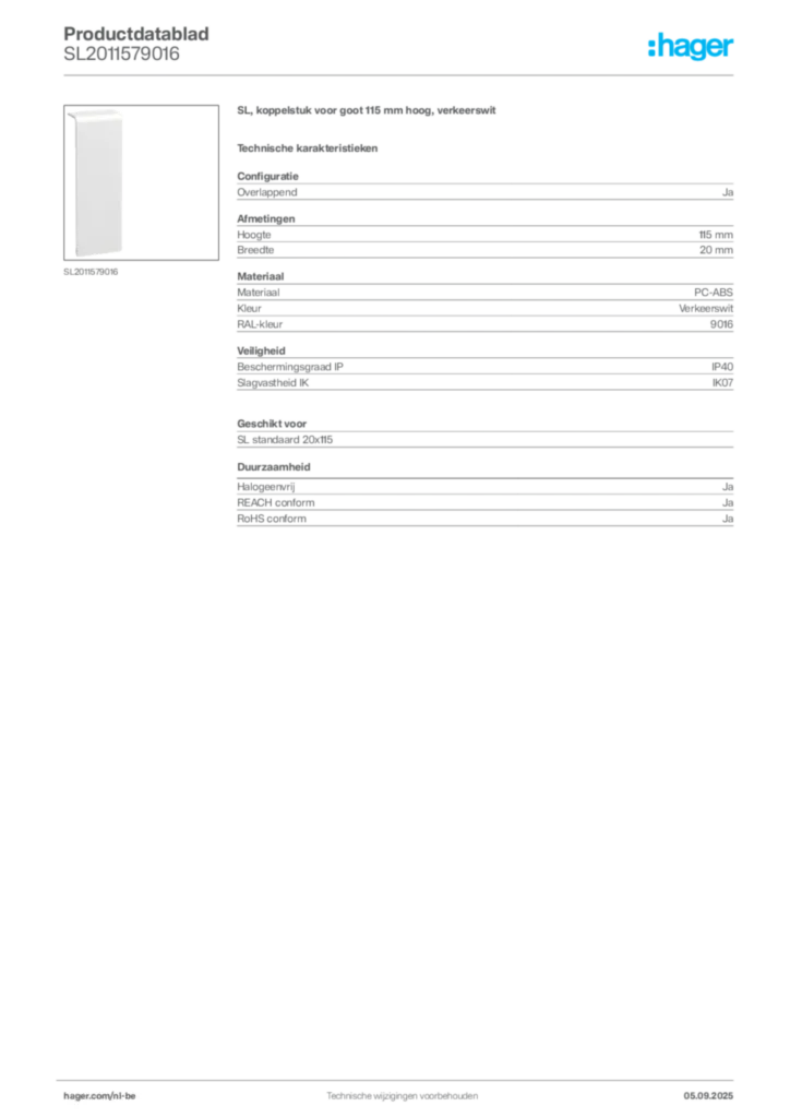 Afbeelding Hager Productdatablad SL2011579016 | Hager Belgium
