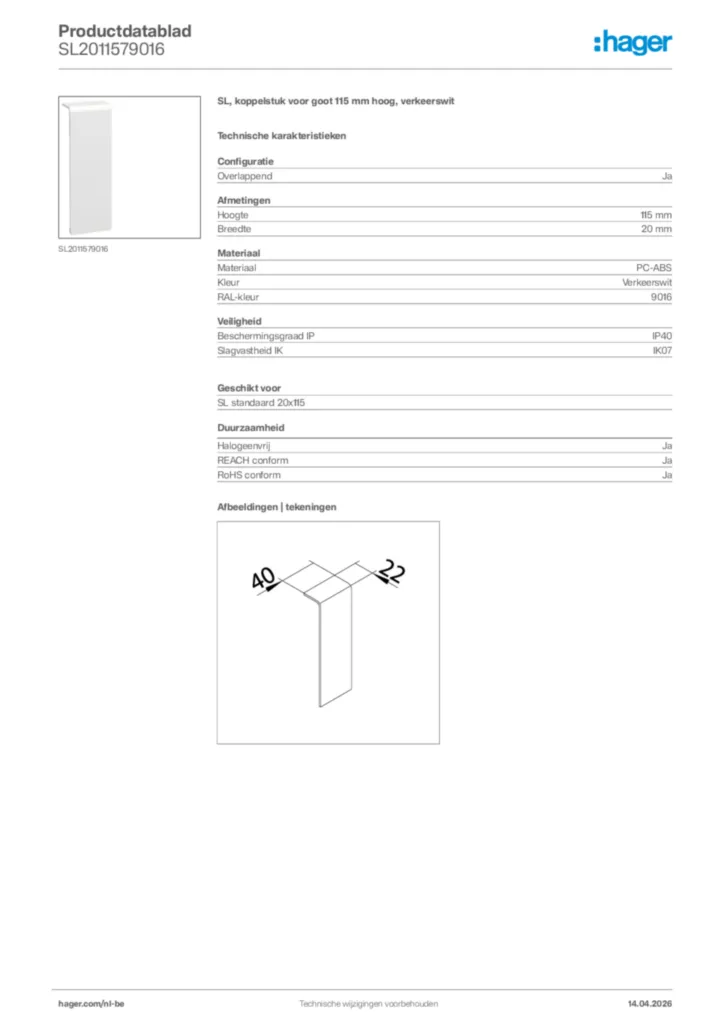 Afbeelding Hager Productdatablad SL2011579016 | Hager Belgium