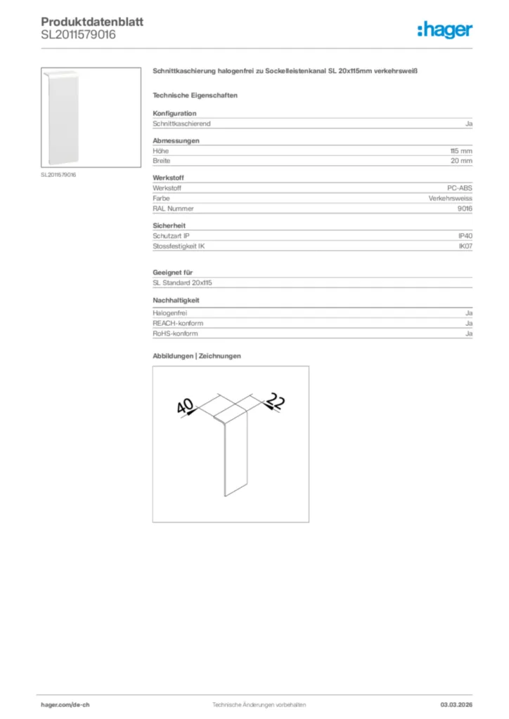 Bild Hager Produktdatenblatt SL2011579016 | Hager Schweiz